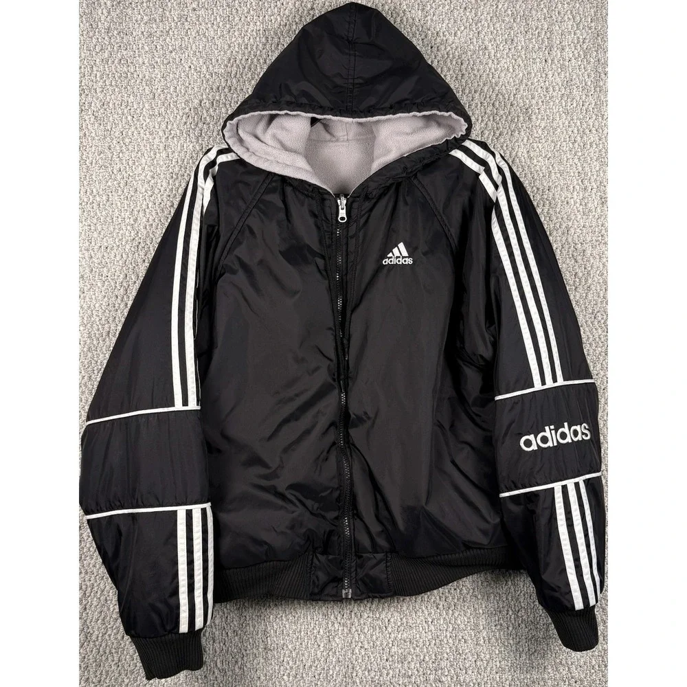 Vintage Y2K Adidas 3‎ Stripe Fleece Lined Hooded Jacket Black Mens M